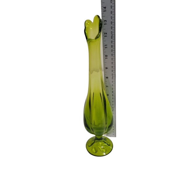 Vintage Viking Green Glass Swung Vase 6 Petal Pedestal Base 13.5" MCM 60s - Picture 2 of 12